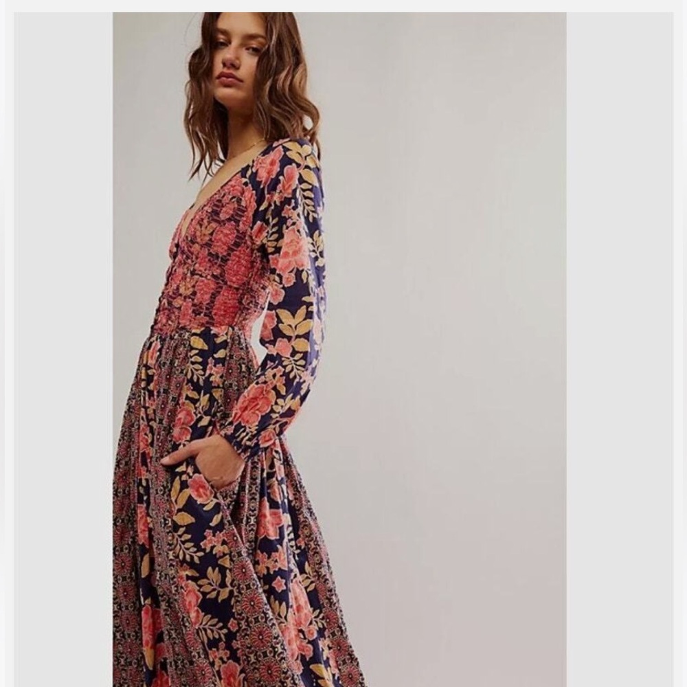 Free People Floral Long Sleeve Dress - Pink and Blue
